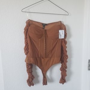 Privy Brown Mesh Corset Style Bodysuit Large